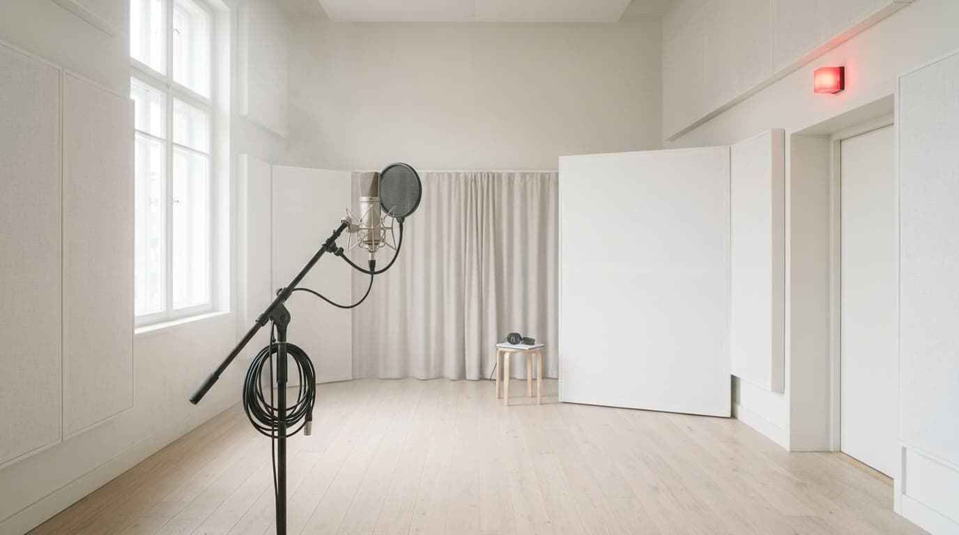 Leeres, lichtdurchflutetes Aufnahmestudio mit wartendem Mikrofon — Ihre Session kann beginnen