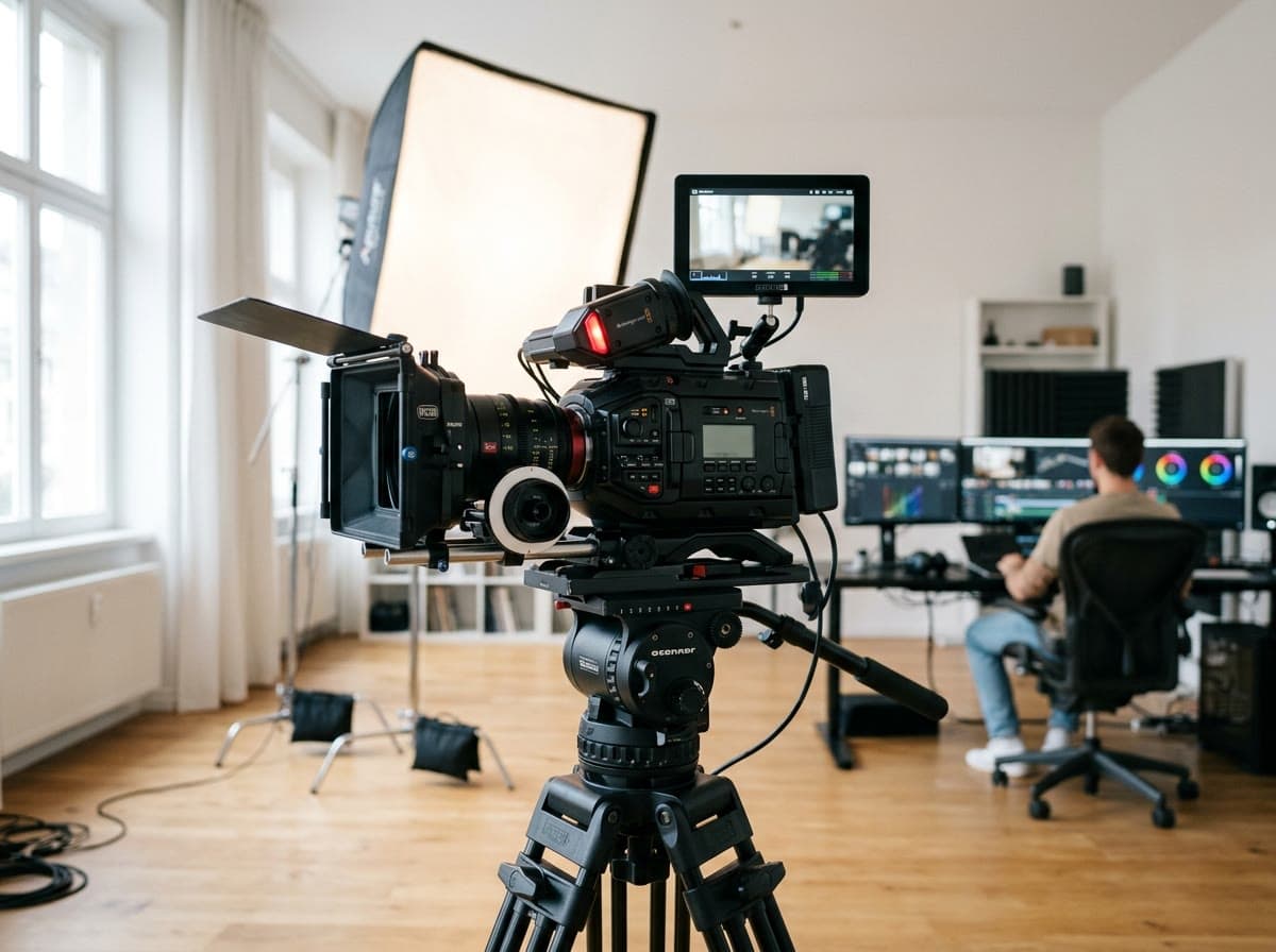 4K-Kinokamera im hellen Studio, im Hintergrund der Schnittplatz
